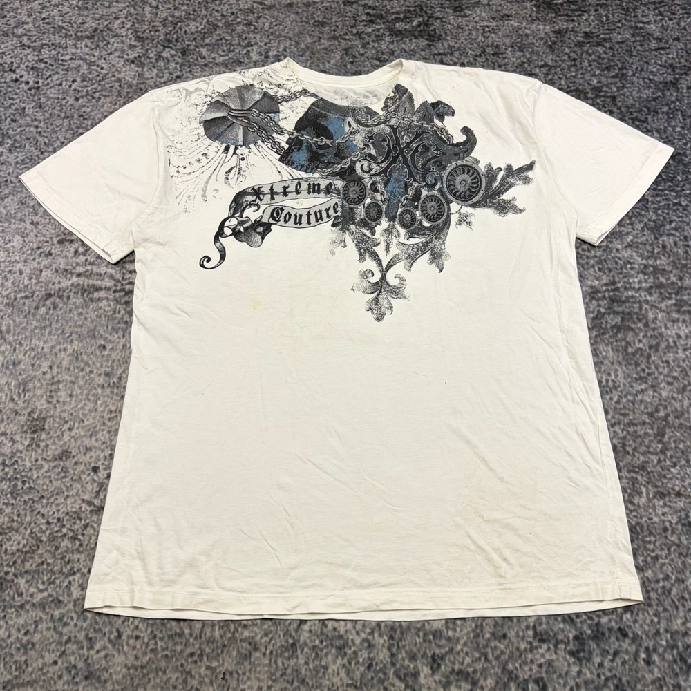 Xtreme Couture T Shirt Mens XXL White Skull Grunge Goth Double Sided Y2K